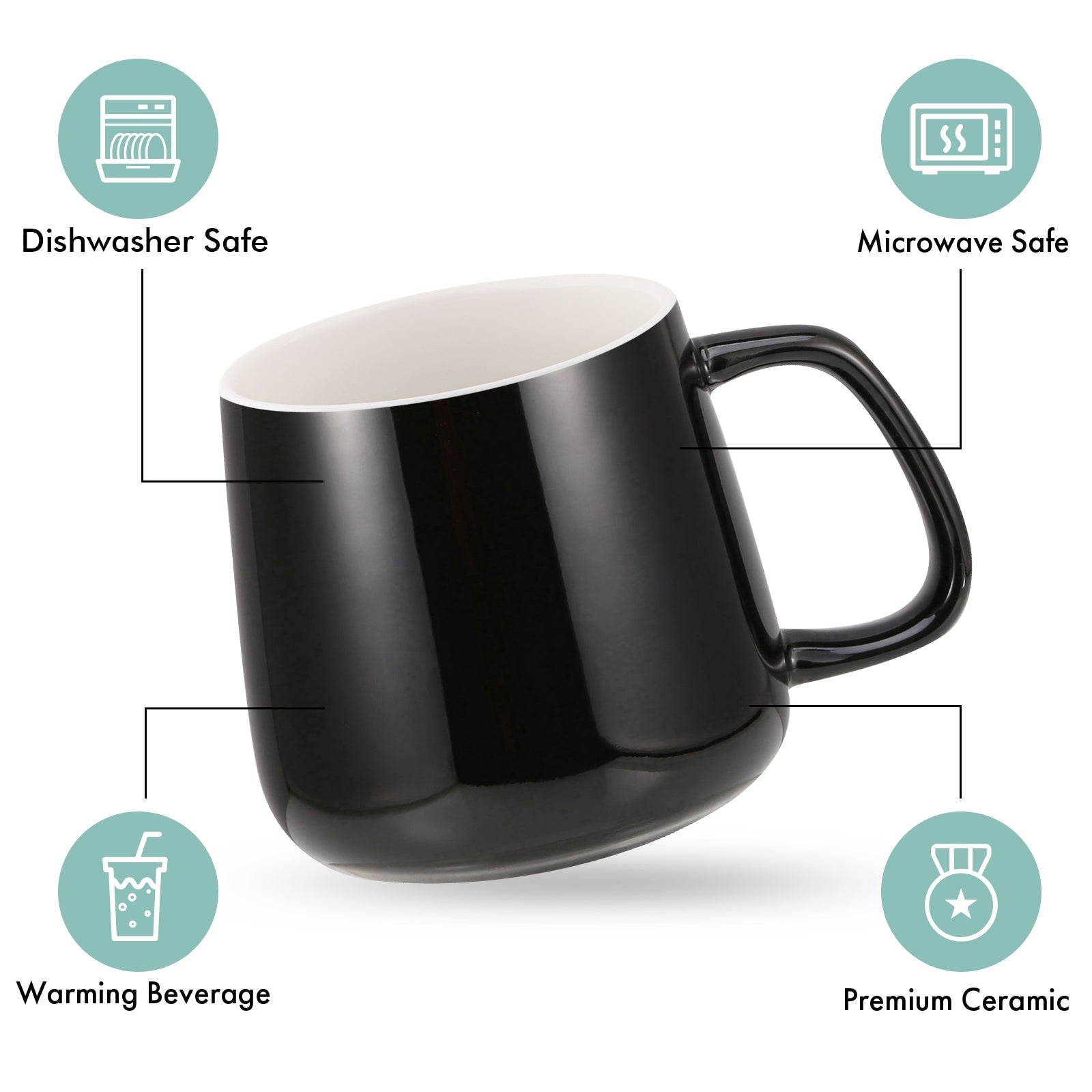 VOBAGA 14 OZ Porcelain Coffee&Tea Mug with Lid and Flat-Bottom, Gifts for Tea Lover (Black)