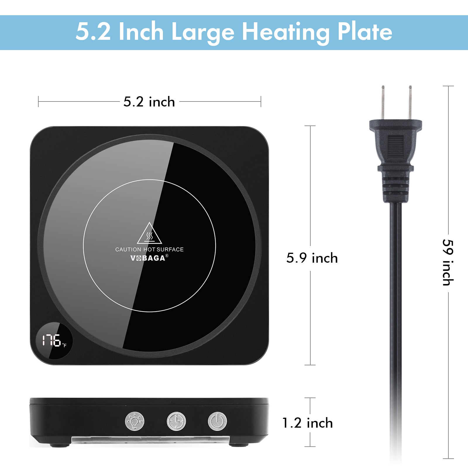 VOBAGA Coffee Mug Warmer with 5.2 inch Heating Plate, 3 Temperature Setting & Auto Shut Off (No Cup)