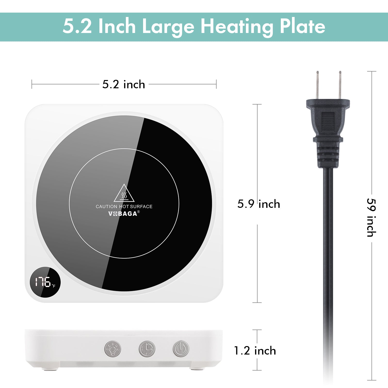 VOBAGA Coffee Mug Warmer with 5.2 inch Heating Plate, 3 Temperature Setting & Auto Shut Off (No Cup)