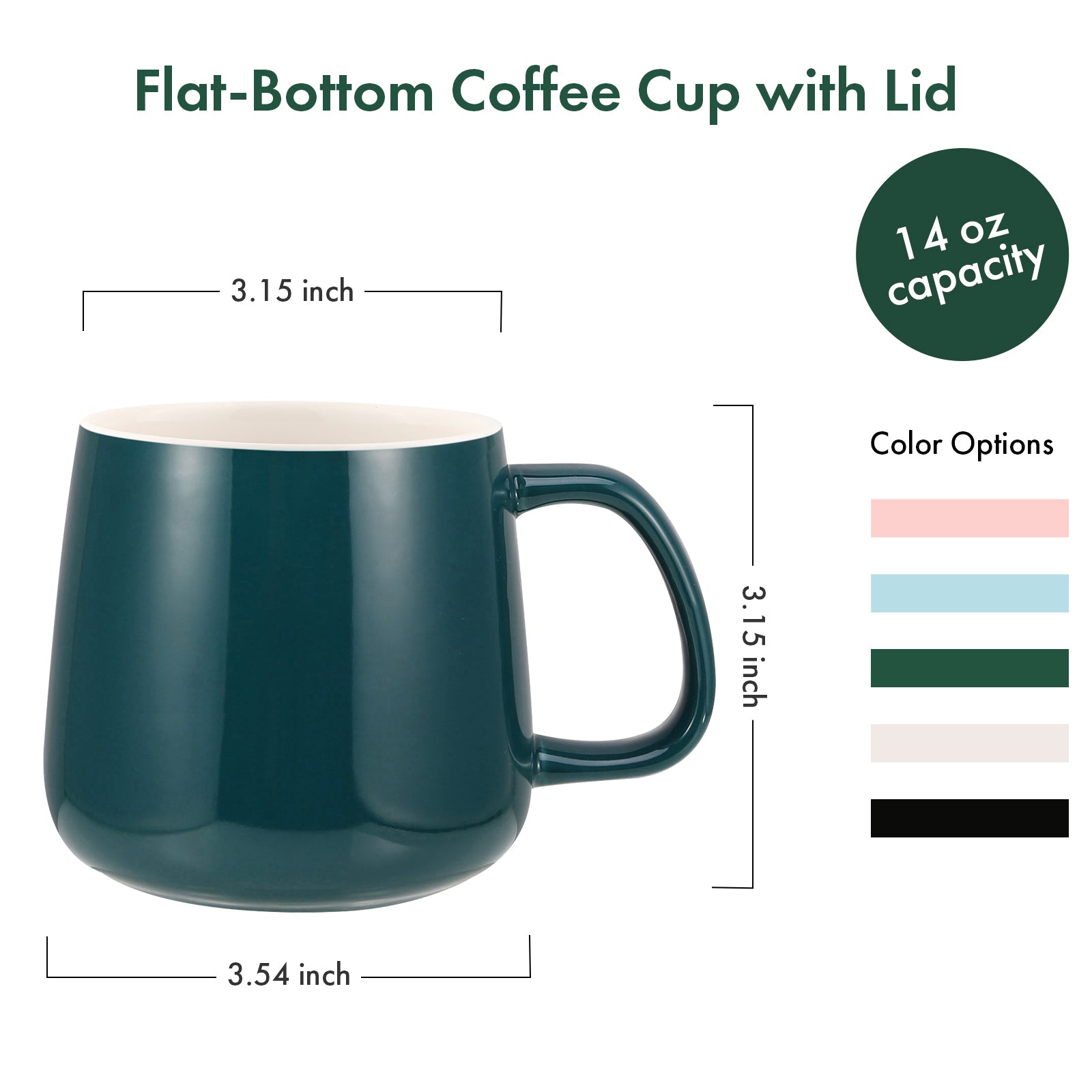 VOBAGA Coffee Cup with Lid and Flat-Bottom, 14 oz Tea Mug for Daily Use Warming Coffee&Tea (Green)