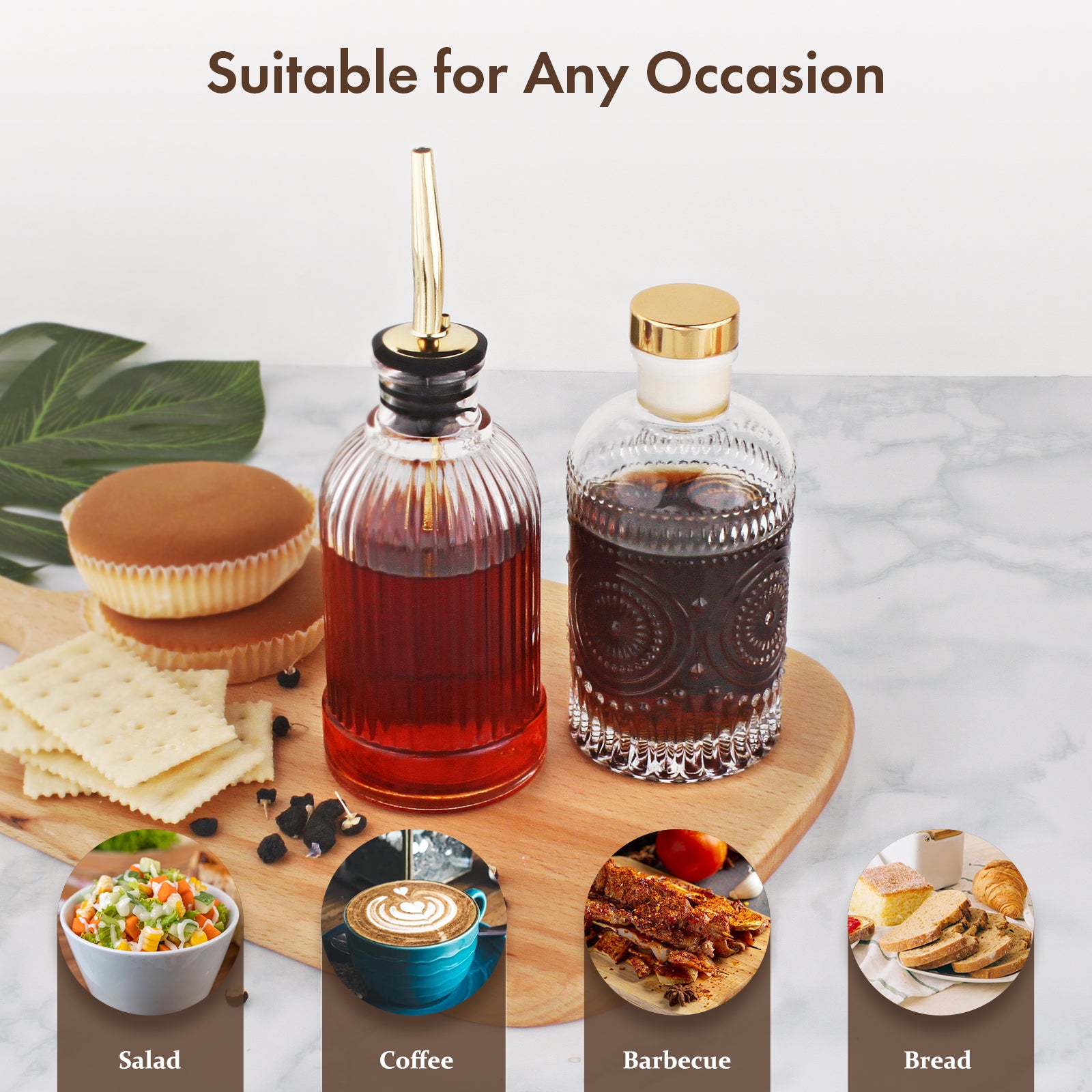 VOBAGA Coffee Syrup Dispenser 4 Pack, 7oz Glass Syrup Bottle for Honey, Coffee Bar Accessories with Stainless Steel Pour Spout