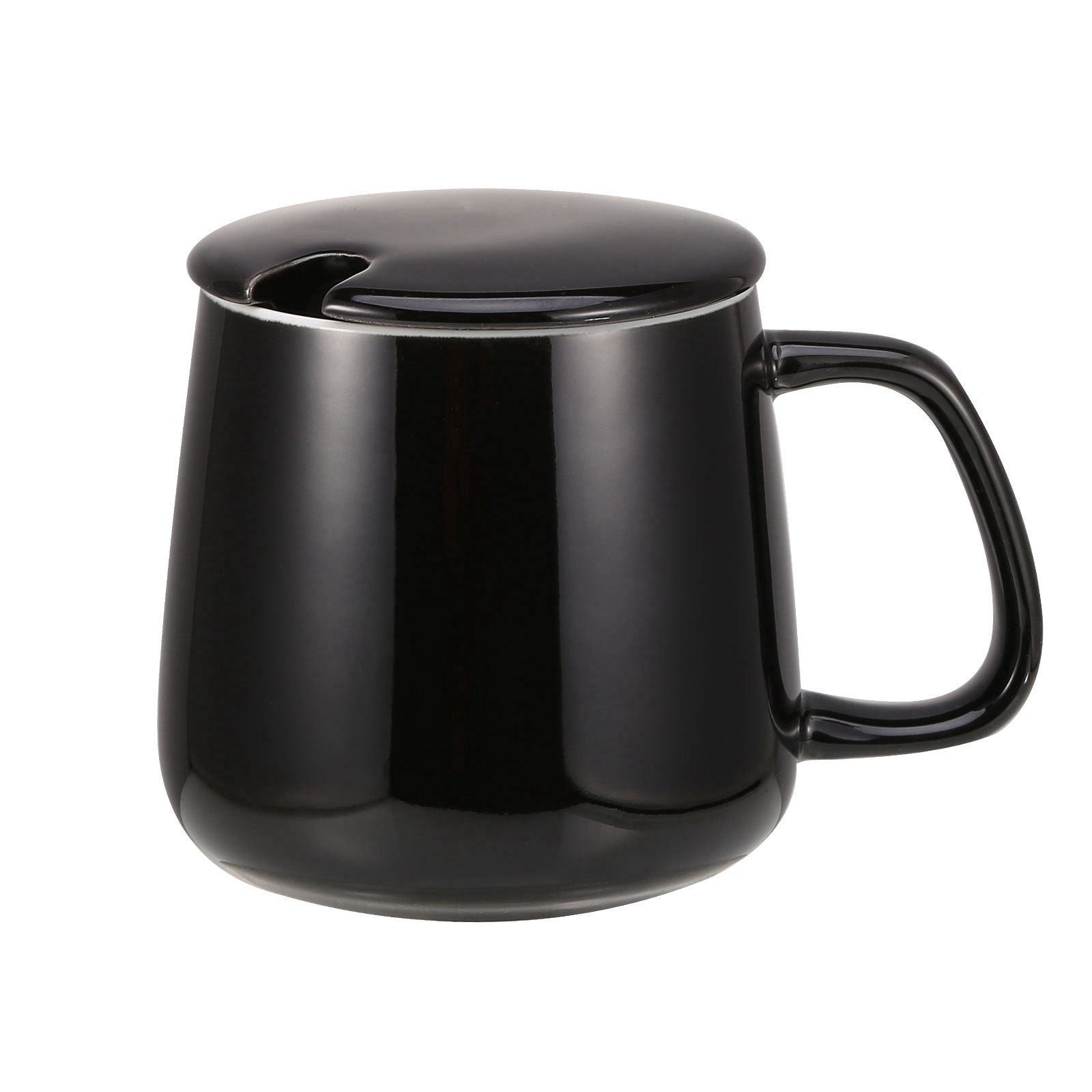 VOBAGA 14 OZ Porcelain Coffee&Tea Mug with Lid and Flat-Bottom, Gifts for Tea Lover (Black)